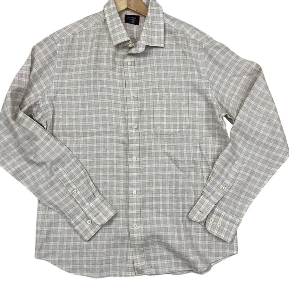 UNTUCKit Button Down Shirt Mens Large Tan Plaid Linen Slim Fit Wrinkle Resistant